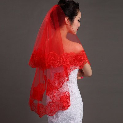 【熱賣精選】紅色頭紗 新娘婚禮頭飾婚紗禮服配件1.5米蕾絲花邊面紗演出結婚女