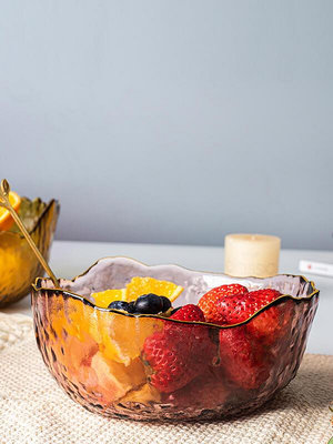 沙拉碗家用創意錘紋金邊玻璃碗ins風日式餐具套裝透明甜品水果