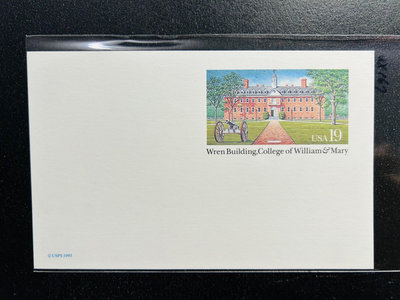 【珠璣園】C094 美國郵資片  -  1993年 威廉瑪麗學院 雷恩大樓， 19C 未使用