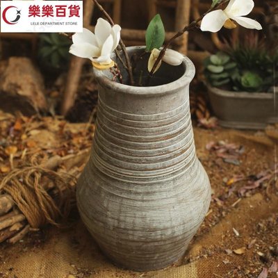 日式復古粗陶大花瓶手工仿 古陶瓷花器中式客廳鮮花插花陶罐擺件~樂樂百貨~