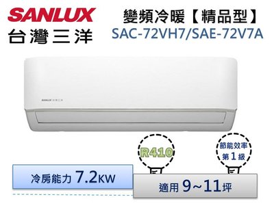SANLUX台灣三洋 R410變頻冷暖分離式冷氣 SAC-72VH7A/SAE-72V7A