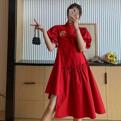 尤衣閣-150kg大碼中式改良旗袍復古女裝改良連衣裙紅裙大碼中國尺碼復古女裝改良版紅色裙子-質量保證