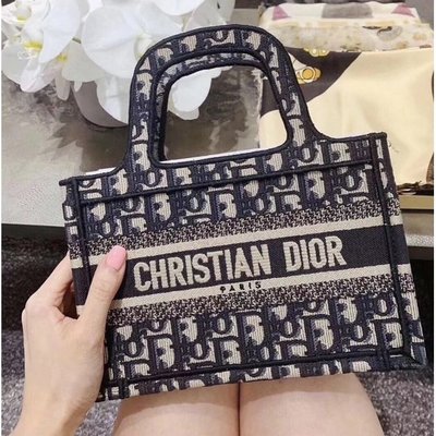 迪奧手袋mini字母 藍Dior Book Tote 23CM迷你刺繡迪奧老花購物袋字母/手提包