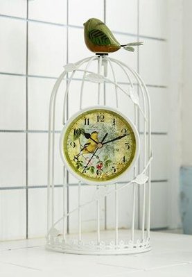 5643A 歐式 田園小鳥復古時鐘 白色鳥籠造型桌面鐘 座鐘靜音鐘 牆鐘裝飾鐘鐵藝造型時鐘桌鐘