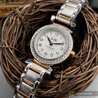 COACH手錶,編號CH00098,24mm銀圓形精鋼錶殼,白色羅馬數字, 中二針顯示, 鑽圈錶面,金銀相間精鋼錶帶款