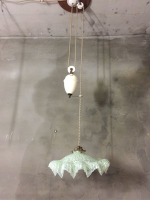 法國老件 花玻璃陶瓷滑輪吊燈 笠燈 牛奶玻璃