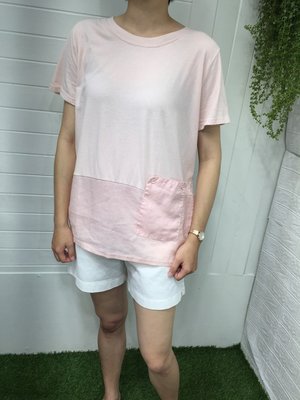 正韓korea韓國進口Oops淺粉色單口袋拼布短袖棉麻衫 現貨  小齊韓衣