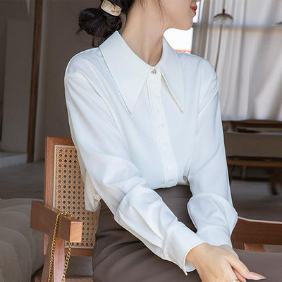 長袖襯衫 2024年春裝新款尖領白襯衫女緞面設計感小眾長袖襯衣通勤正裝上衣 SJ012