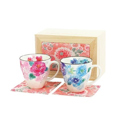 下殺-馬克杯日本直郵和藍 日式美濃燒 玫瑰圖案陶瓷馬克杯對杯 附帶木盒包裝~特賣