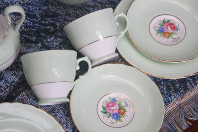 【旭鑫骨瓷】Tuscan 粉綠下午茶組 1947+二戰製品 英國骨瓷瓷器茶杯 E.16