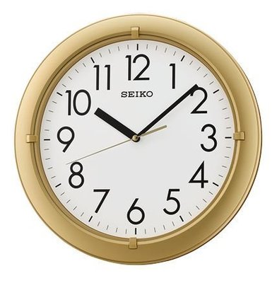 SEIKO CLOCK 精工典雅風香檳金色邊框白面阿拉伯數字刻滑動式秒針劃靜音掛鐘 型號：QXA716G【神梭鐘錶】