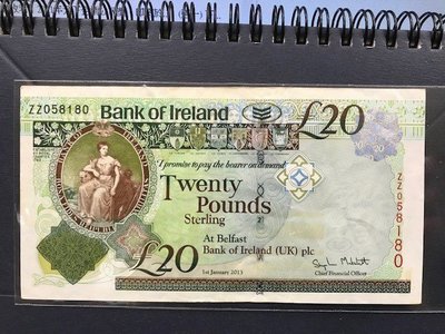 2013年北愛爾蘭補號鈔  使用過品相 NORTHERN IRELAND,20 Pounds ZZ字軌罕見