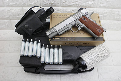 [01] KWC M1911 CO2槍 TAC 特仕版 銀+ CO2小鋼瓶 + 奶瓶 + 槍套 + 槍盒