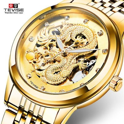 特威斯（TEVISE）3D立體中國龍雕圖騰夜光縷空 鑲鑽刻度 全自動機械男士腕錶手錶【S &amp; C】柒時尚精品