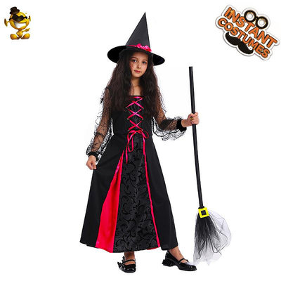 萬圣節兒童女款巫婆角色扮演派對服裝 小女童女巫舞台表演服裝