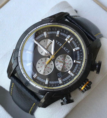 凡賽斯 VERSACE V-Ray 黑色錶面盤 皮革錶帶 石英 三眼計時 男士手錶 VDB020014