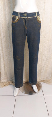 X939品牌JETEZO燙金刺繡花朵飾邊深藍色牛仔丹寧長褲40