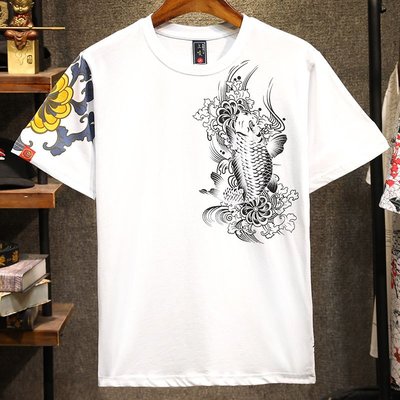 日系潮男橫須賀刺繡鯉魚滿背龍紋身T恤復古個性短袖衣服寬鬆夏季