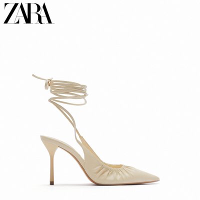現貨 高跟鞋ZARA夏季新款女鞋 淡米黃色尖頭氣質綁帶打褶高跟鞋 12204710002簡約