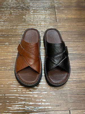 三輝皮鞋台灣製牛皮吸汗透氣拖鞋，棕色/黑色，現貨加預購真皮MIT