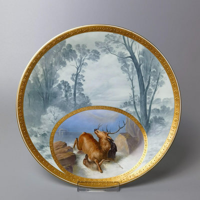 Minton明頓 19世紀末鎏金手繪盤《麋鹿》
