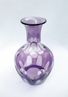 老玻璃瓶老花瓶玻璃水瓶花器紫色手工玻璃藝品切割玻璃刻花玻璃【心生活美學】