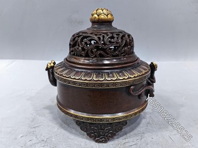 A013.23紫銅浮雕鎏金龍耳熏香爐，重3090克，17765121古玩 收藏 古董