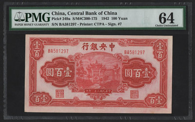 民國三十一年（1942年）中央銀行紅牌坊壹百圓一百元，中央信