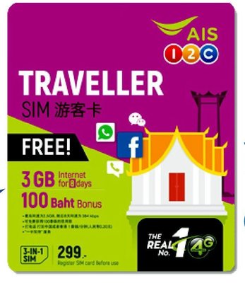 2023/06/30 泰國AIS 15G AIS 4G LTE／3G 8天無限 上網卡 含100泰銖通話費