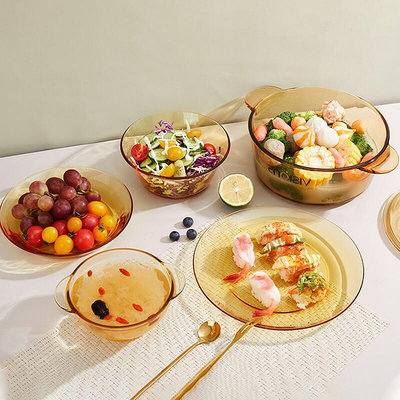 康寧餐具玻璃碗碟盤家用套裝高顏值面碗雙耳碗微波爐專用