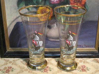歐洲古物時尚雜貨 寬口細腰高玻璃杯 船圖 描金邊 啤酒杯 擺飾品 收藏品 一組2件