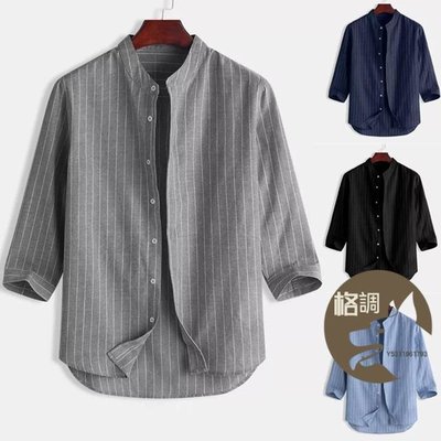 格調…韓版休閒純色亞麻男襯衫簡約寬鬆透氣七分袖上衣