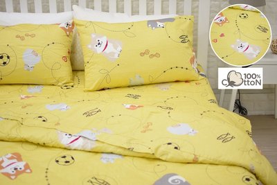 純棉床包【柴犬(黃)】雙人床包三件組(不含被套)，100%純棉台灣製造~