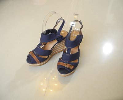 Miss Sofi 楔型厚底涼鞋 優雅夏日風藍色繫帶高跟涼鞋 柔軟舒適皮面 size:36.5號 跟高9cm 超美極新