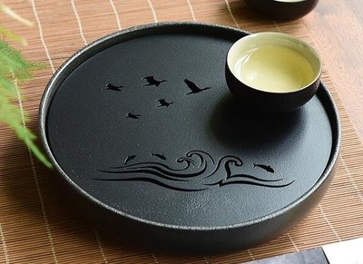 6689A 日式 雁飛造型陶瓷圓茶盤和風不銹鋼面陶茶盤 儲水排水式茶台辦公室簡約泡茶盤茶具用品禮品