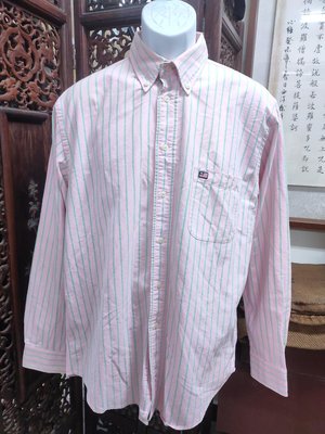 (二手古著)美國POLO RALPH LAUREN粉色條紋復古款牛津布長袖襯衫 (L)(B938)
