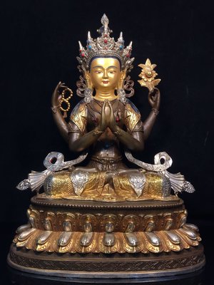 純銅畫臉鎏金搓銀鑲嵌松石珊瑚四臂度母菩薩佛像，重5.5公斤，110080R