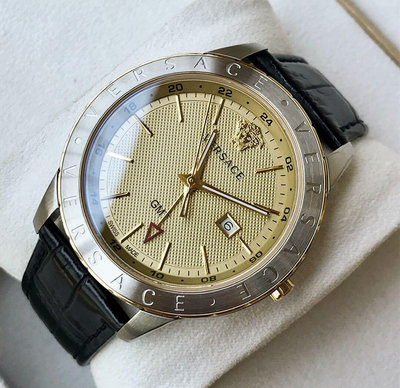 VERSACE Univers GMT 褐色錶盤 黑色皮革錶帶 石英 男士手錶 VEBK00218