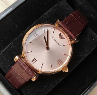 EMPORIO ARMANI 復古簡約風格 深棕色皮革錶帶 石英 女士手錶 AR1911 亞曼尼腕錶