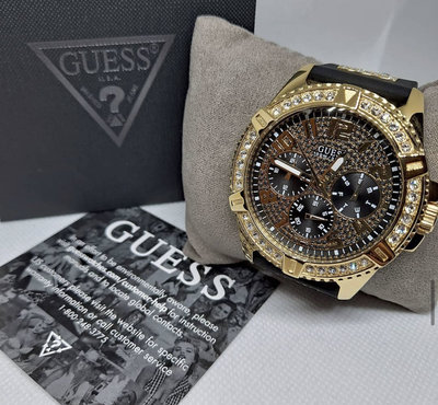 GUESS 金色框密鑲水晶錶盤 黑色橡膠錶帶 石英 男士手錶 中性錶 U1132G1