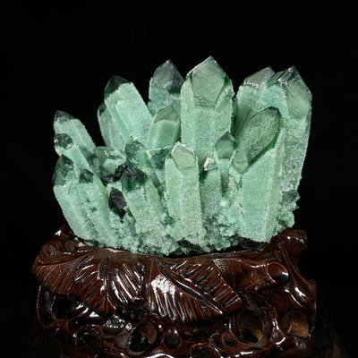 奇石 原石擺件 綠水晶晶簇帶座高14.5×14×10.5cm 重1.95公斤編號350612