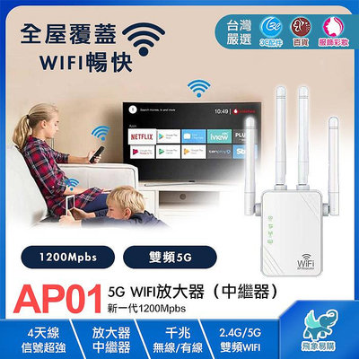 【AP01※WIFI放大器】新 5G/2.4G雙頻 放大器/中繼器 1200Mpbs 全屋覆蓋 2個千兆端口 4根天線