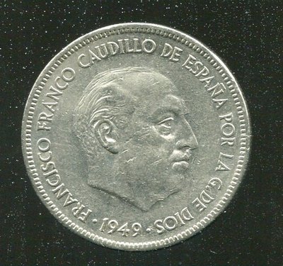 【硬幣】SPAIN (西班牙)，5 Pesetas，K778，1949 (暗記50)，#205604 品相極美上XF+
