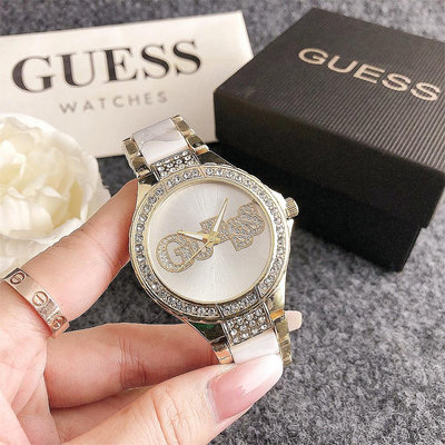 女士 Guess 手錶鑽石陶瓷錶帶石英手錶手錶女士休閒石英手錶 Jam Tang-3C玩家