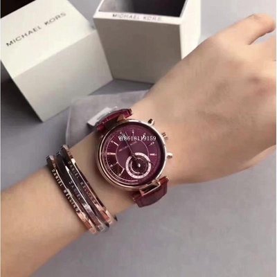MK2426 典雅氣質兩地時區真皮革錶帶腕錶計時腕錶/女錶/酒紅+玫瑰金