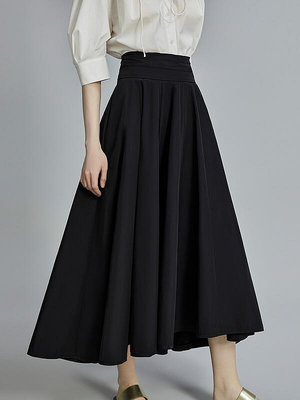 現貨 ELLE黑色設計感高腰半身裙女夏季新款層次感高級簡約顯瘦裙子