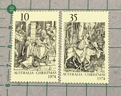 【郵卡庫2/繪畫/聖誕節】澳洲1974年SC600/1，聖誕節~杜勒版畫的崇拜/飛向埃及 2全，原膠未貼新票SP7895