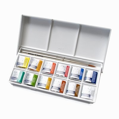板橋酷酷姐美術！牛頓學生級塊狀水彩12色！cotman系列、塑膠盒附旋轉筆一支！