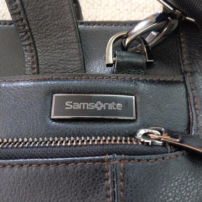 Samsonite 新秀麗 深咖啡色真皮公事包 肩背包 可掛在行李箱上