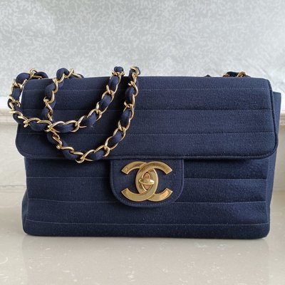 Chanel vintage jumbo 藍色布面橫條紋大金扣貝嫂包鏈條包